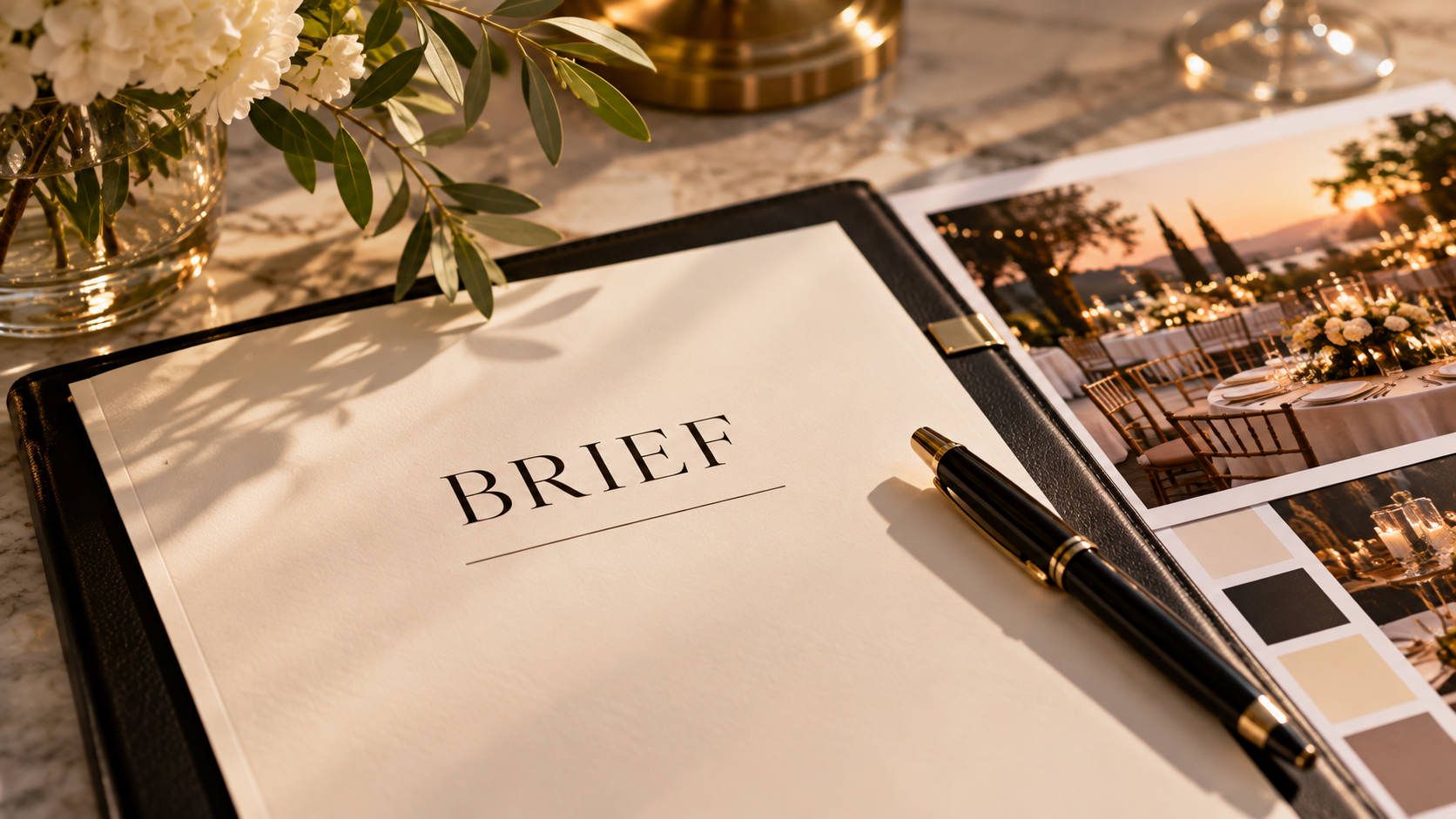 Dossier de brief et stylo sur une table de réception