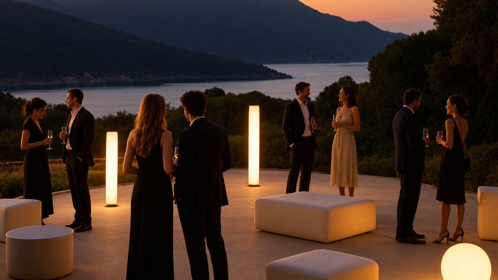 Cocktail au coucher du soleil sur une terrasse face à la mer