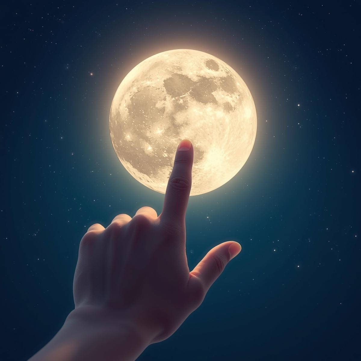 Une main qui touche la pleine lune