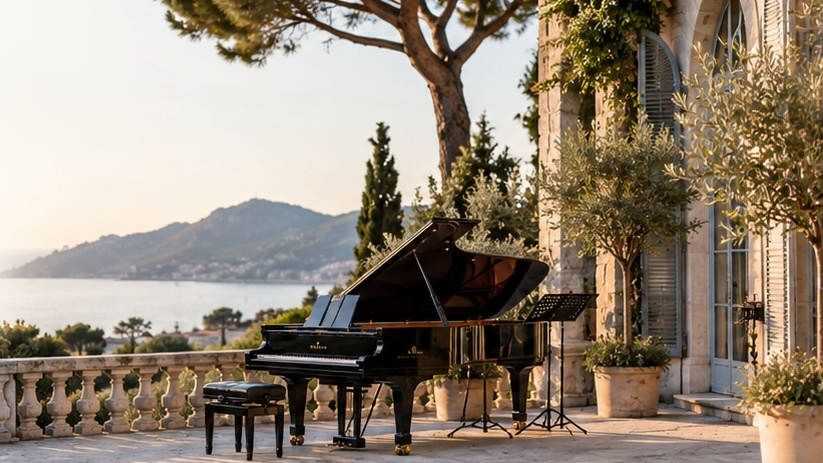 Piano à queue sur une terrasse face à la mer