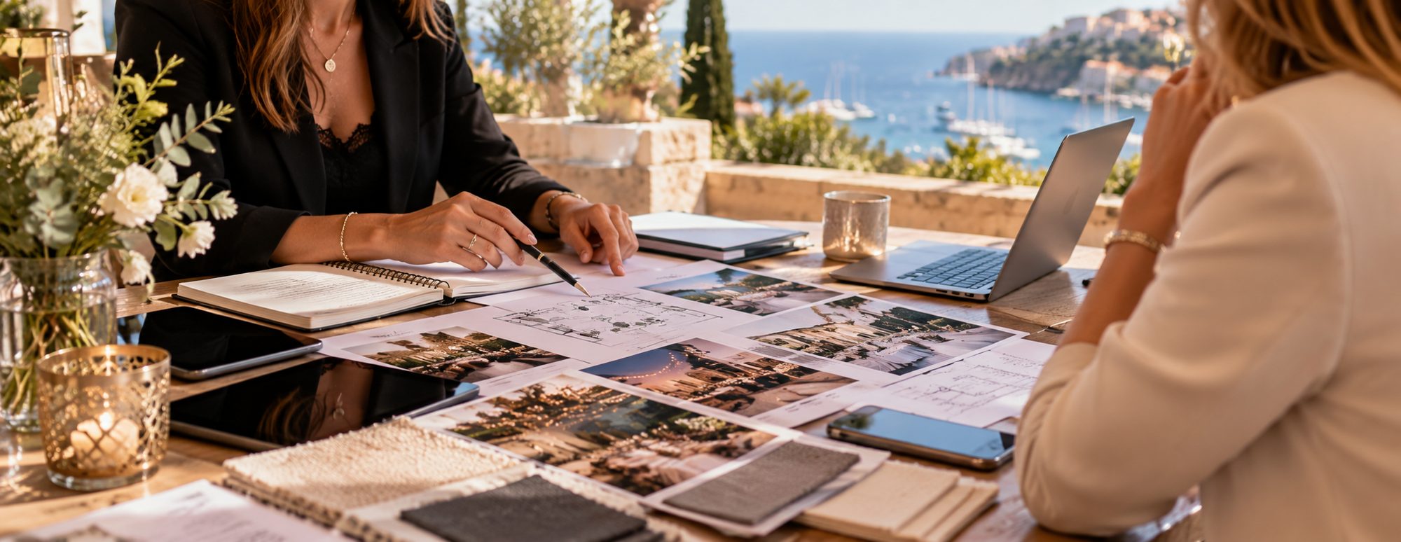 Réunion de préparation sur une terrasse face à la mer