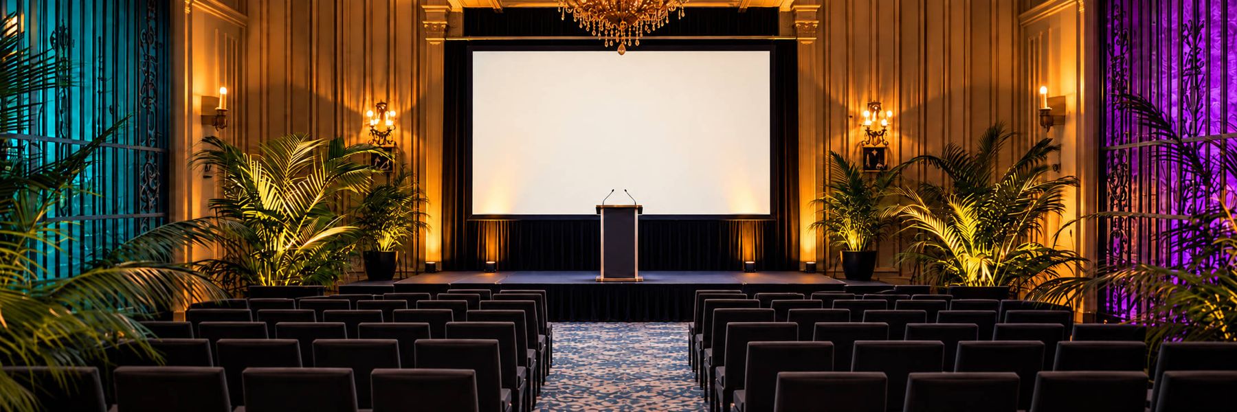 Salle de spectacle avec scène, pupitre et écran